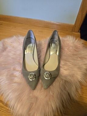 Michael Kors Suede Pointed Toe Pumps with MK Charm